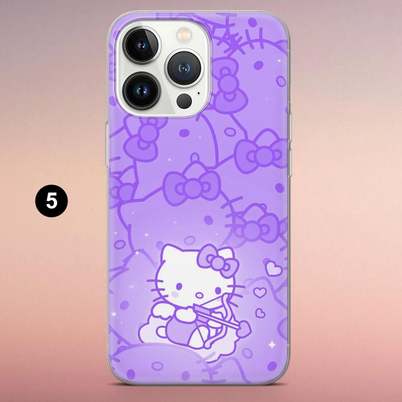May include: A purple smartphone case featuring a repeating pattern of Hello Kitty faces and bows. A central graphic shows a white Hello Kitty character holding a bow and arrow, surrounded by small hearts and sparkles. The number 5 is visible on the left.