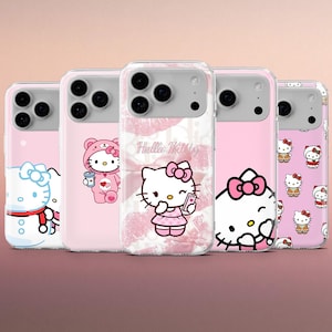 May include: A collection of pink phone cases featuring Hello Kitty designs. The cases showcase various images of Hello Kitty, including one with the text "Hello Kitty" and another with a bow. The cases are designed for a smartphone.