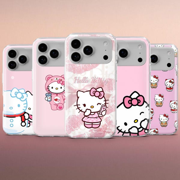 Kawaii Kitty Phone Case Pink Hello Cat Cover for iPhone 17Pro, 16, 15, 14, 13, 12, Samsung S26, S25, S24, A56, A17, A36, Pixel 10Pro, 10, 9A