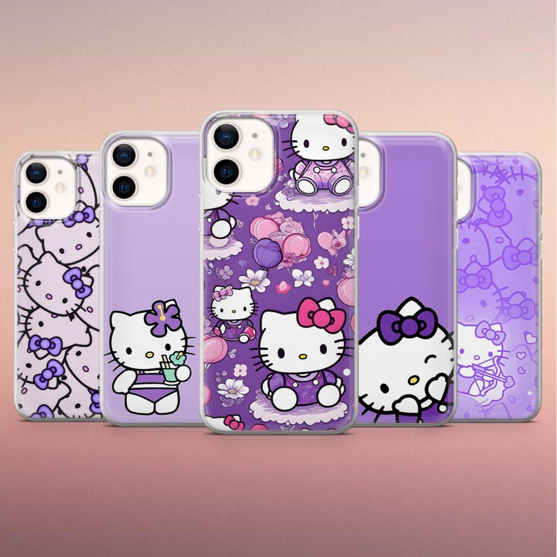May include: Five smartphone cases featuring various Hello Kitty designs in shades of purple. The cases display patterns of the character with bows, flowers, and balloons, alongside individual character illustrations on solid or patterned purple backgrounds.