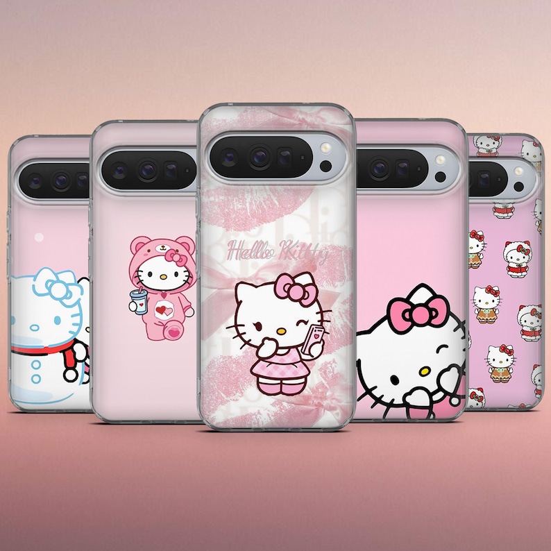 May include: A collection of pink phone cases featuring Hello Kitty designs. The cases showcase various images of the character, including one with a bow, one in a winter outfit, and another holding a phone. The cases have a clear, glossy finish.