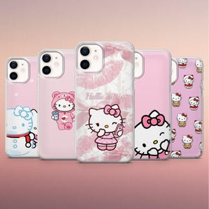 May include: A collection of pink phone cases featuring Hello Kitty designs. The cases showcase various images of the character, including one with a bow, another in a bear costume, and one with a phone. The cases have a glossy finish.