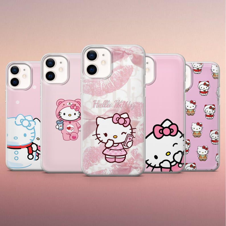 May include: A collection of pink phone cases featuring Hello Kitty designs. The cases showcase various images of the character, including one with a bow, another in a bear costume, and one with a phone. The cases have a glossy finish.
