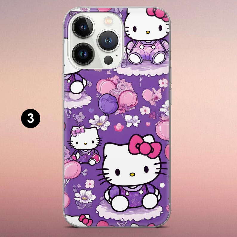 May include: A smartphone case featuring a repeating pattern of Hello Kitty characters in purple outfits with pink bows, interspersed with pink and purple balloons and small white flowers against a vibrant purple background.
