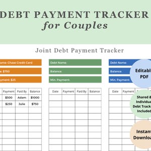 May include: A printable debt payment tracker for couples. The tracker includes sections for joint debt and individual debt. The document is editable and includes a download button.