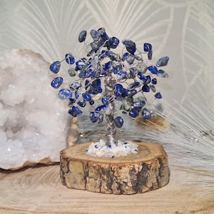 Peut inclure: Une sculpture d'arbre artisanale avec une base en bois. L'arbre est composé de fil d'argent et orné de pierres précieuses bleues et grises. La base est une section transversale de tronc d'arbre, les pierres mesurent environ 1.3 cm.