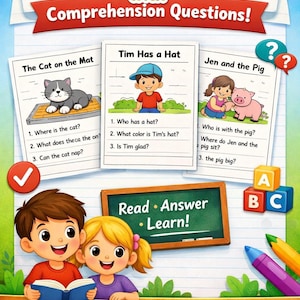 Puede incluir: Cartel educativo titulado "CVC Stories" con preguntas de comprensión. Presenta ilustraciones de niños y animales, junto con el texto "Read • Answer • Learn!" y "Easy CVC Stories". Incluye bloques ABC y lápices de colores.