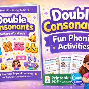 Könnte beinhalten: Ein Lernheft für Kinder mit dem Titel "Double Consonants Mastery Workbook" mit farbenfrohen Illustrationen und dem Text "Fun Phonics Practice for Kids!". Enthält "Fun Phonics Activities!" und ein Mädchen, das den Daumen hochhält. Druckbares PDF und Canva editierbar.