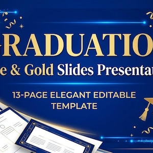 Op de afbeelding: Een blauwe en gouden afstudeerpresentatiesjabloon. De woorden "GRADUATION" en "Blue & Gold Slides Presentation" worden in goud weergegeven. De sjabloon bevat een ontwerp van 13 pagina's met afstudeerpetten en decoratieve elementen.