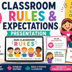 May include: A colorful presentation titled "Classroom Rules & Expectations" with the text "25 Slides." The image includes a laptop displaying "Our Classroom Rules" and illustrations of children. Additional text includes "Editable," "Engaging," and "Easy to Use."