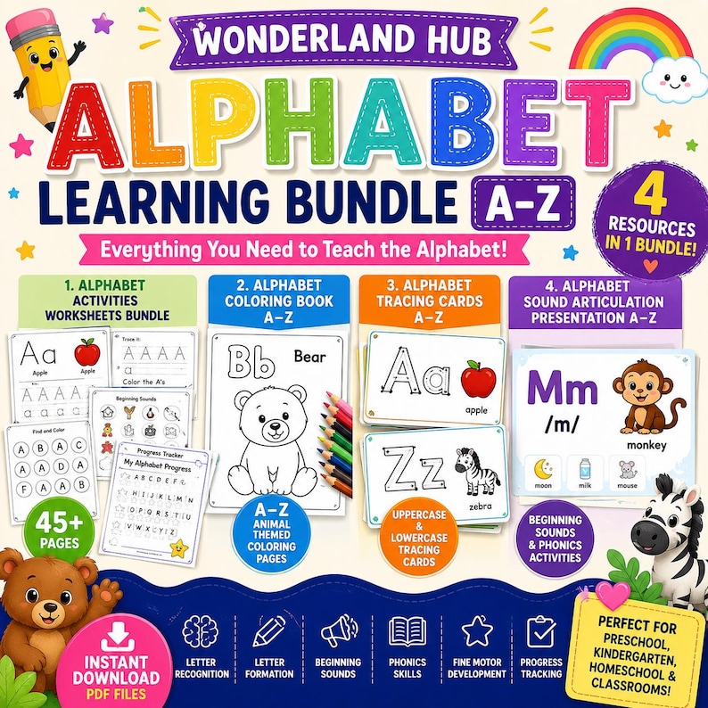Alphabet Learning Bundle A-Z – Worksheets, Tracing Cards, Coloring Book ...