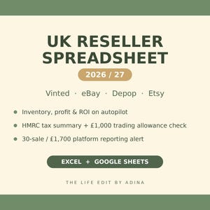Reseller Spreadsheet UK | Vinted eBay Depop Inventory & Profit Tracker | HMRC Side Hustle Tax, Trading Allowance | Excel Google Sheets