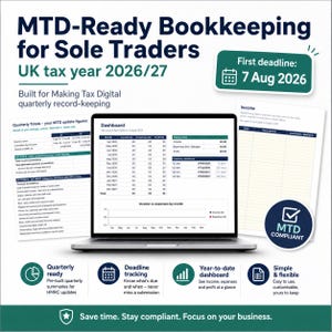 MTD Sole Trader Bookkeeping Spreadsheet UK 2026/27 | Quarterly Tax Records (Excel/Google Sheets)