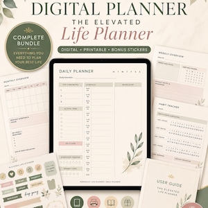 Peut inclure: Un planificateur numérique 2026 intitulé The Elevated Life Planner, présentant une interface de planification quotidienne avec des sections pour les priorités, l'emploi du temps et les notes. Inclut un aperçu mensuel, un suivi d'habitudes et des autocollants.