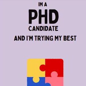 Op de afbeelding: Een paarse achtergrond met de tekst "Ik ben een PhD-kandidaat en ik doe mijn best" in zwart. Onder de tekst bevindt zich een vierkant dat is samengesteld uit vier puzzelstukjes in geel, rood, blauw en roze. De tekst "ORGANISATOR" bevindt zich onder de puzzelstukjes.