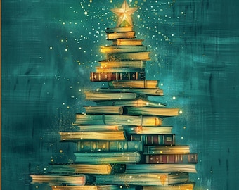 Árbol de libros navideño, arte mural, impresión navideña de libros apilados, decoración literaria acogedora