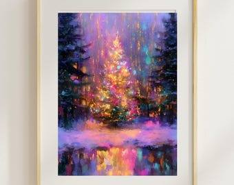 Magical Christmas Tree Reflections, Colorful Winter Night Forest Art, Festive Holiday Printable Wall Decor