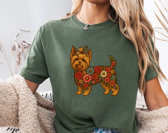 Yorkshire Terrier Floral T-Shirt: Vintage Botanical Dog Mom Tee