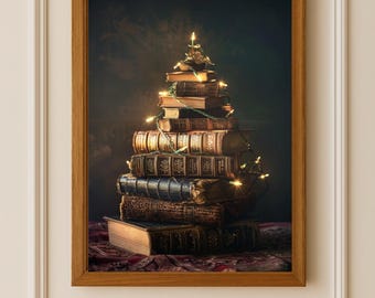 Arte de árbol de Navidad con libros antiguos / Decoración de pared navideña literaria, oscura y acogedora