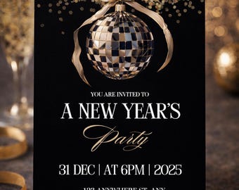Plantilla de invitación de Nochevieja / Invitación para fiesta en negro y dorado / Invitación editable en Canva para cóctel de Nochevieja / Descarga digital