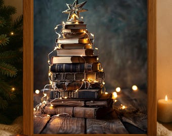 Arte mural de árbol de libros navideños / Impresión navideña de libros apilados vintage / Decoración acogedora de invierno