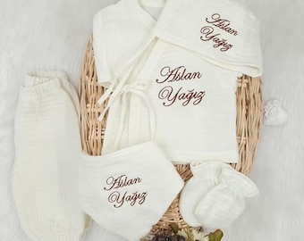 Personligt set med 4 lager muslin och 5 delar, kimono och knyt – 100 % bomull, nyfödd outfit med namnbroderi