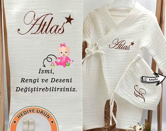 Personligt set med 4 lager muslin och 3 delar, kimono och knyt – 100 % bomull, nyfödd outfit med namnbroderi