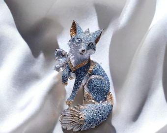 Blue Fox Brooch: Handmade Copper Zircon Crystal Jewelry