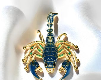 Spilla con design retrò e unico di uno scorpione blu, spilla in puro rame smaltato fatta a mano con scorpione