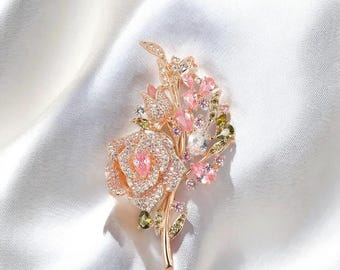 Broche de circonita de cobre rosa para mujer, broches de flor de rosa con diamantes de imitación