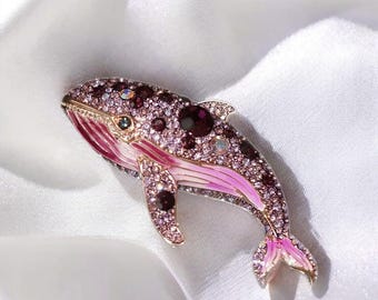 Purple Crystal Whale Brooch: Gold Plated Copper Ocean Jewelry