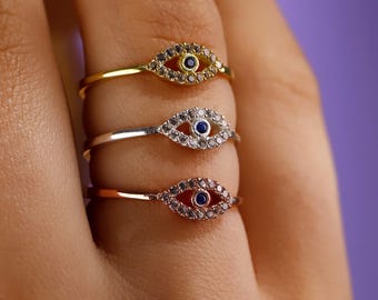 Sterling Silver Evil Eye Ring with CZ Diamond: Spiritual Protection
