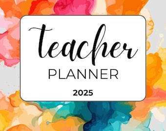 May include: A colourful abstract design with a white rectangle in the centre. The rectangle contains the text "teacher planner 2025".