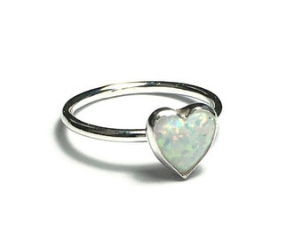 Opal Heart Ring | Sterling Silver Heart Opal Ring | White Opal Ring | Opal Promise Ring | Love Engagement Romantic Anniversary Gift for Her