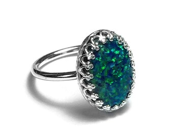 Blauer Opal Ring | Sterling Silber Opal Ring | Große Opal Cocktail Ring | Jubiläumsgeschenk | Solitär Opal Ring Oval | Womens Opal Ring