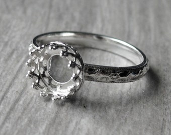 Sterling Silver Ring Blank | 8 mm Round Princess Crown Bezel Cup | 8mm Gallery Setting | Empty DIY Ring