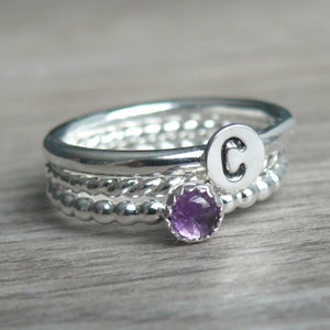 Silver Amethyst Ring • Birthstone Initial Ring • Sterling Silver Stacking Ring Set • Personalized Custom Ring •  Gemstone Monogram Jewelry