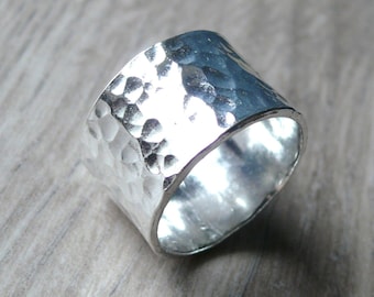 Hammered Sterling Silver Wide Band Ring • Unisex Recycled Silver