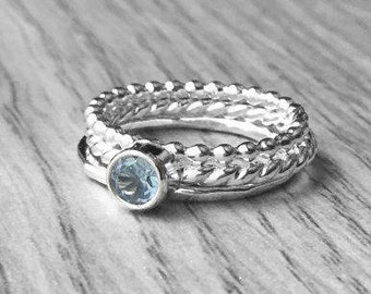 Personalized jewelry, Sterling silver ring set lab aquamarine ring, Sterling silver stacking ring stackable ring twist, beaded gemstone ring