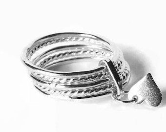 Attached sterling silver stacking rings set • Silver Heart ring sterling silver tiny heart dangle charm ring • Stackable anxiety ring