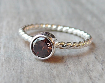 Sterling Silber facettierte Edelstein Stapelring, Schokolade CZ Ring Zirkonia Sterling Silberring Perlen Ring, Rohr set Lünette