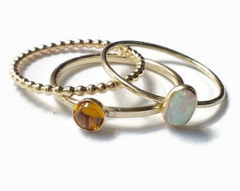 Gold Opal Citrin Ringe, 14 k gold gefüllt Stapelringe Set, Edelstein Ringe, gold Stapelringe, stapelbare gold Ring, gold Edelstein Ringe