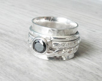 CZ Silver Spinner Ring Size 6 • Black Stone Ring • Black Cubic Zirconia Ring • Sterling Silver Anxiety Ring • Fidget Ring • Worry Ring