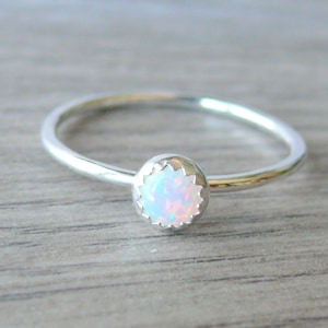 White opal ring Sterling silver stacking ring gemstone ring lab opal stackable ring sterling silver ring silver opal ring
