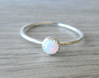 White opal ring Sterling silver stacking ring gemstone ring lab opal stackable ring sterling silver ring silver opal ring