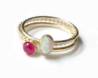 14 k gold gefüllt Stapelringe Set, Labor Rubin und Opal Edelstein Ringe gold Stapelringe stapelbar gold ring
