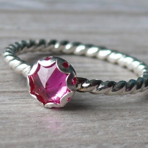 Pink ruby ring • Ruby promise ring • Silver birthstone ring • Silver stacking ring twist • Silver ruby ring • Engagement ring