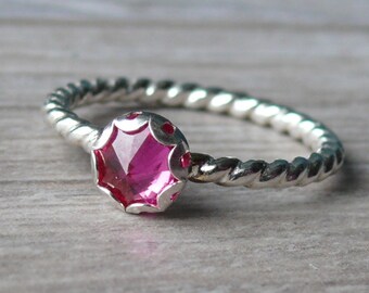 Pink ruby ring • Ruby promise ring • Silver birthstone ring • Silver stacking ring twist • Silver ruby ring • Engagement ring