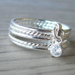 Cubic Zirconia Dangle Charm Ring Sterling Silver Dangle Ring Attached ...