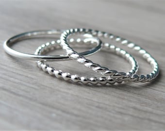 Sterling silver stacking rings set of 3 • Handmade silver ring • Sterling silver rings • Beaded, plain, and twist stackable rings